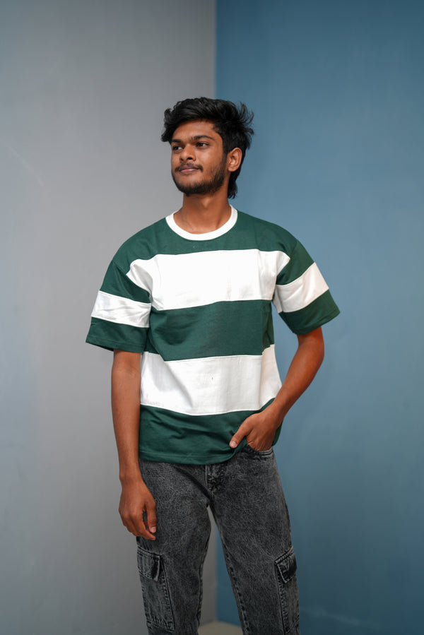 Unisex Five Sleeve Round Neck Vertical Striped Cuttens Tshirt-Bottle Green