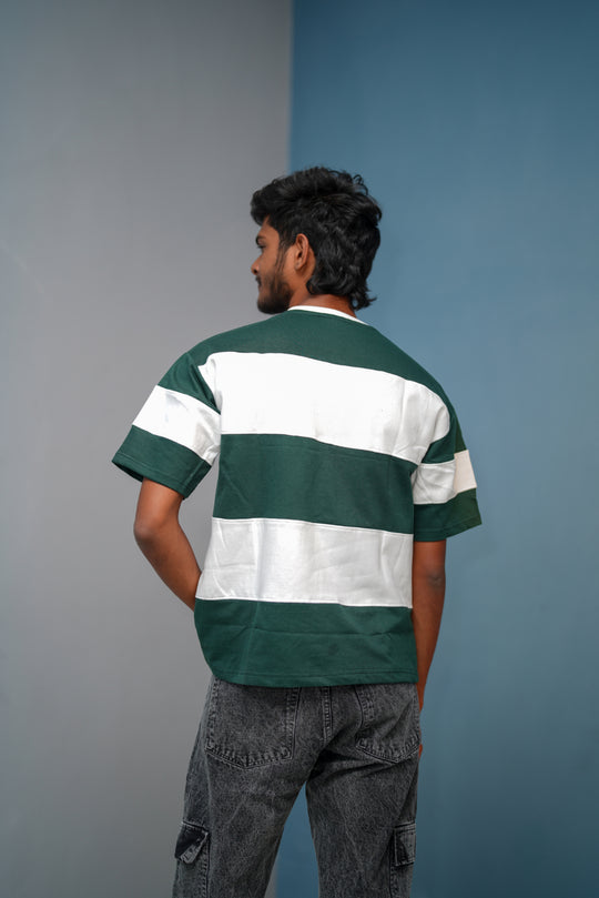 Unisex Five Sleeve Round Neck Vertical Striped Cuttens Tshirt-Bottle Green – alternate view – 7MAN India
