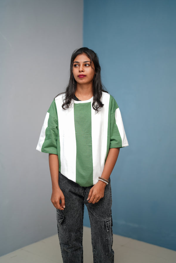 Unisex Five Sleeve Round Neck Vertical Striped Cuttens Tshirt-Pista Green