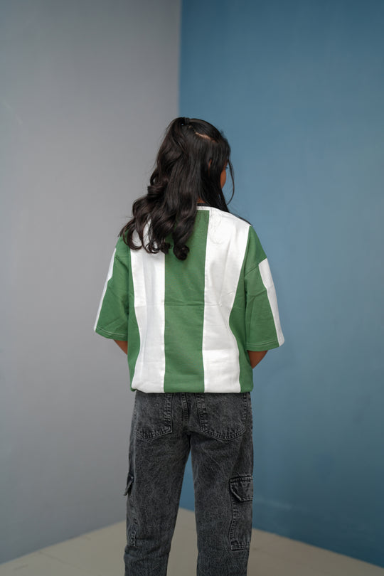 Unisex Five Sleeve Round Neck Vertical Striped Cuttens Tshirt-Pista Green – alternate view – 7MAN India