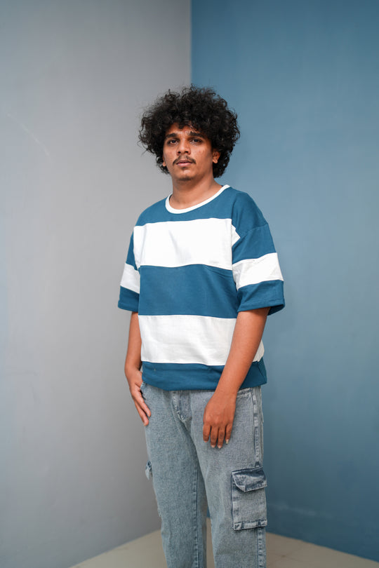 Unisex Five Sleeve Round Neck Horizontal Striped Cuttens Tshirt-Petrol Blue – 7MAN Men's Fashion India