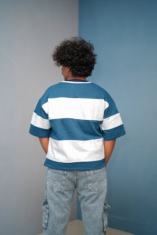 Unisex Five Sleeve Round Neck Horizontal Striped Cuttens Tshirt-Petrol Blue – alternate view – 7MAN India