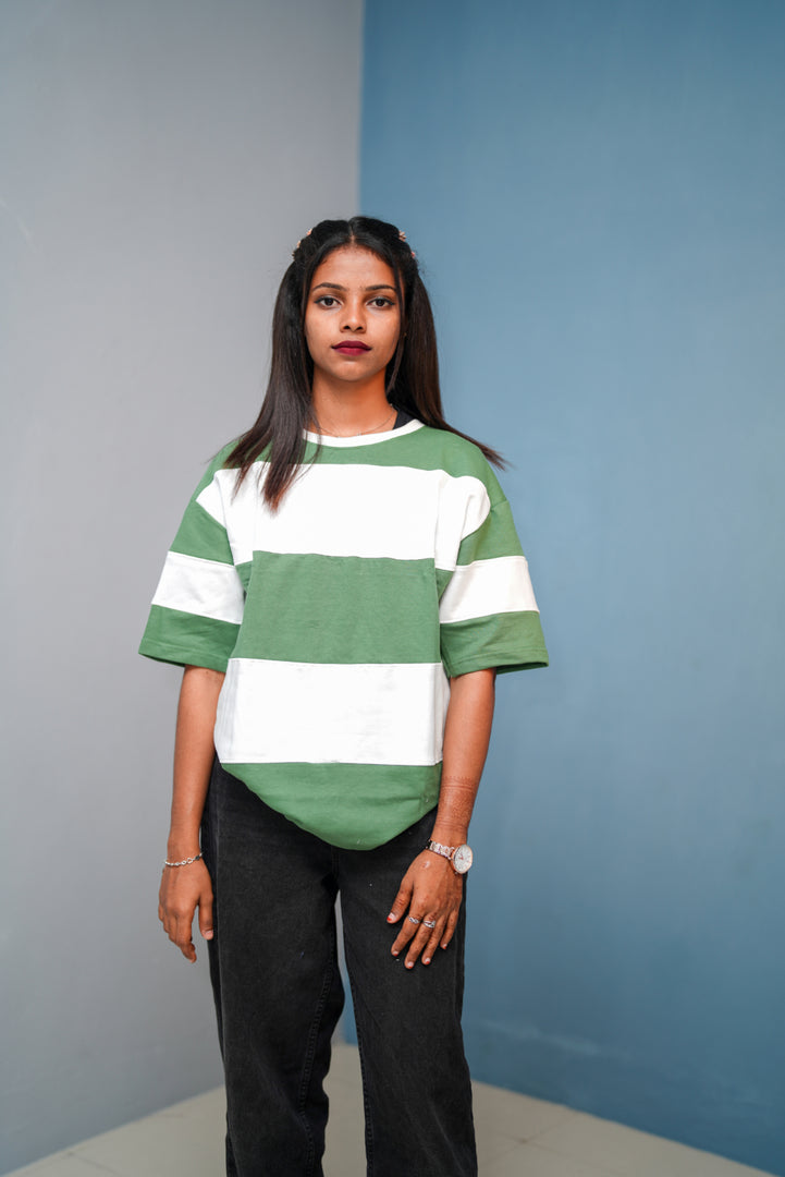 Unisex Five Sleeve Round Neck Horizontal Striped Cuttens TshirtPista Green mens trending streetwear India 7Man