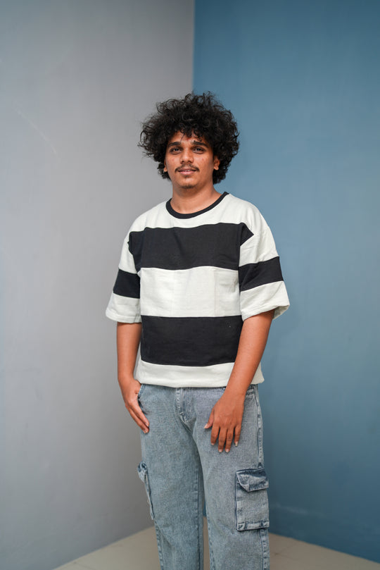 Unisex Five Sleeve Round Neck Horizontal Striped Cuttens Tshirt- Half White – 7MAN Men's Fashion India