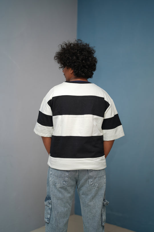 Unisex Five Sleeve Round Neck Horizontal Striped Cuttens Tshirt- Half White – alternate view – 7MAN India