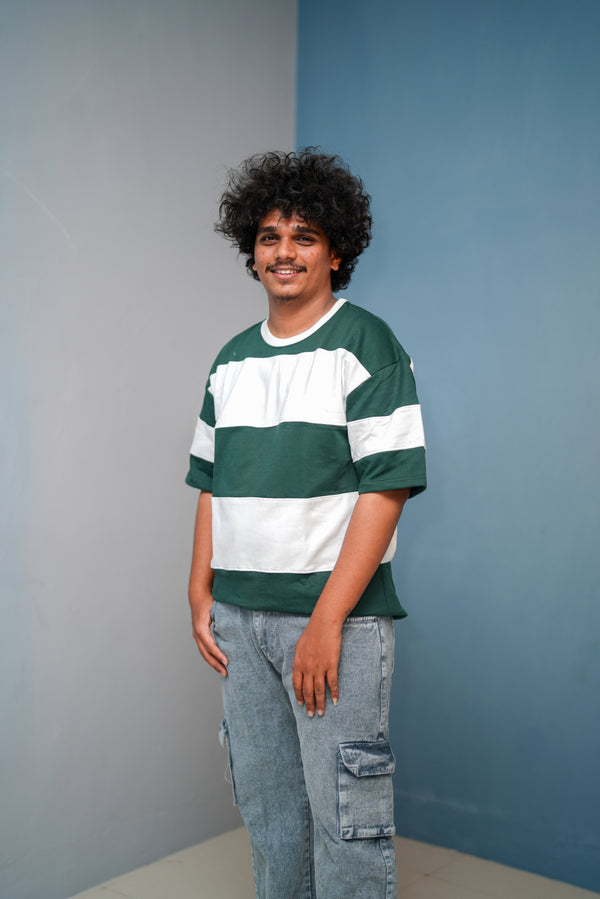 Unisex Five Sleeve Round Neck Horizontal Striped Cuttens Tshirt-Bottle Green