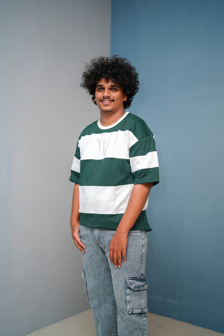 Unisex Five Sleeve Round Neck Horizontal Striped Cuttens TshirtBottle Green mens trending streetwear India 7Man