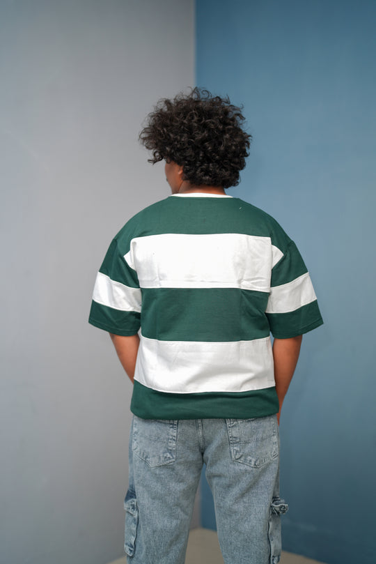 Unisex Five Sleeve Round Neck Horizontal Striped Cuttens Tshirt-Bottle Green – alternate view – 7MAN India