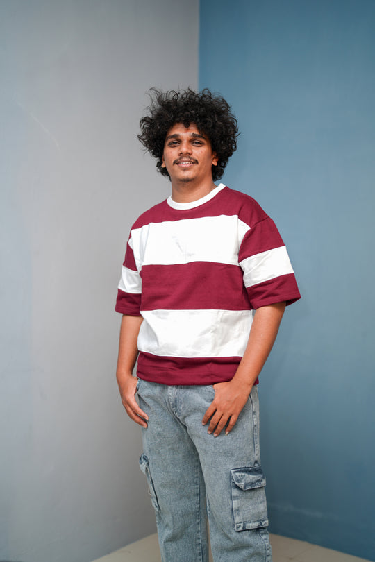 Unisex Five Sleeve Round Neck Horizontal Striped Cuttens Tshirt-Maroon – 7MAN Men's Fashion India