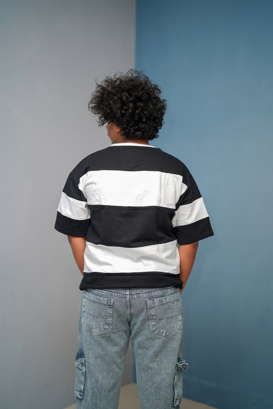 Unisex Five Sleeve Round Neck Horizontal Striped Cuttens Tshirt- Black – alternate view – 7MAN India