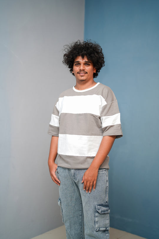 Unisex Five Sleeve Round Neck Horizontal Striped Cuttens Tshirt-Ash – 7MAN Men's Fashion India