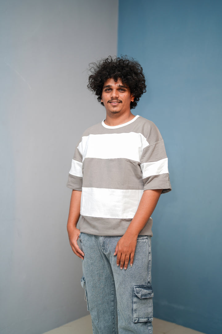 Unisex Five Sleeve Round Neck Horizontal Striped Cuttens TshirtAsh mens trending streetwear India 7Man