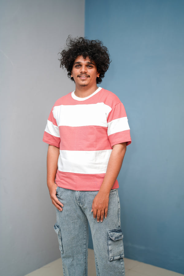 Unisex Five Sleeve Round Neck Horizontal Striped Cuttens Tshirt-Peach