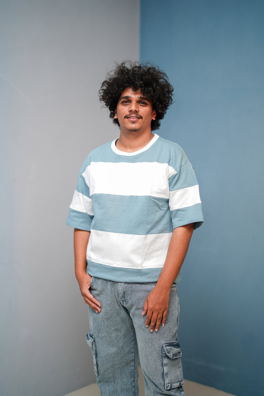 Unisex Five Sleeve Round Neck Horizontal Striped Cuttens Tshirt-Sky Blue – 7MAN Men's Fashion India