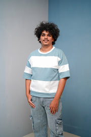 Unisex Five Sleeve Round Neck Horizontal Striped Cuttens TshirtSky Blue mens trending streetwear India 7Man