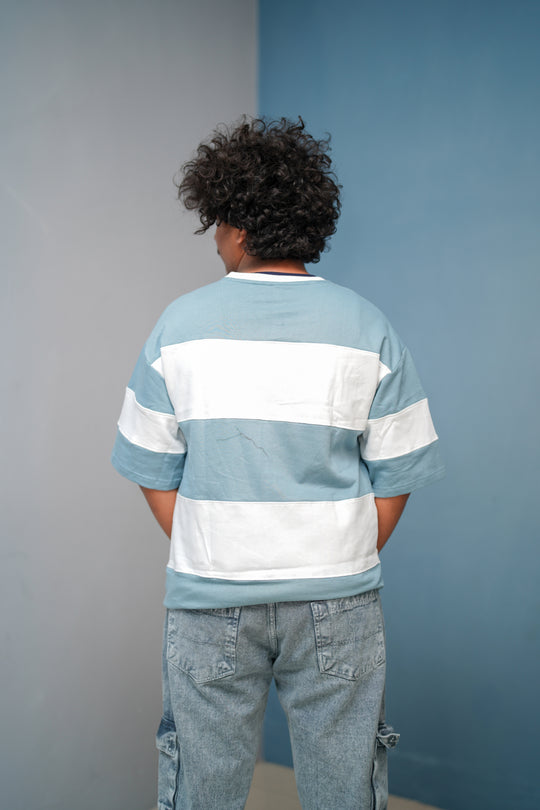 Unisex Five Sleeve Round Neck Horizontal Striped Cuttens Tshirt-Sky Blue – alternate view – 7MAN India