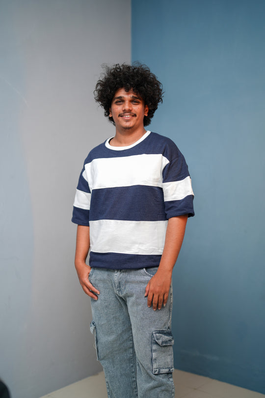Unisex Five Sleeve Round Neck Horizontal Striped Cuttens Tshirt-Navy Blue – 7MAN Men's Fashion India