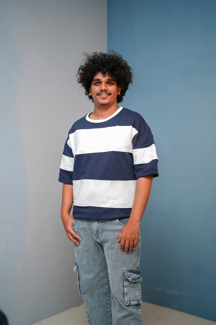 Unisex Five Sleeve Round Neck Horizontal Striped Cuttens TshirtNavy Blue mens trending streetwear India 7Man