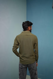Attractive Full Sleeeve CRUSH LINEN Plain Shirt - Mehandhi Green
