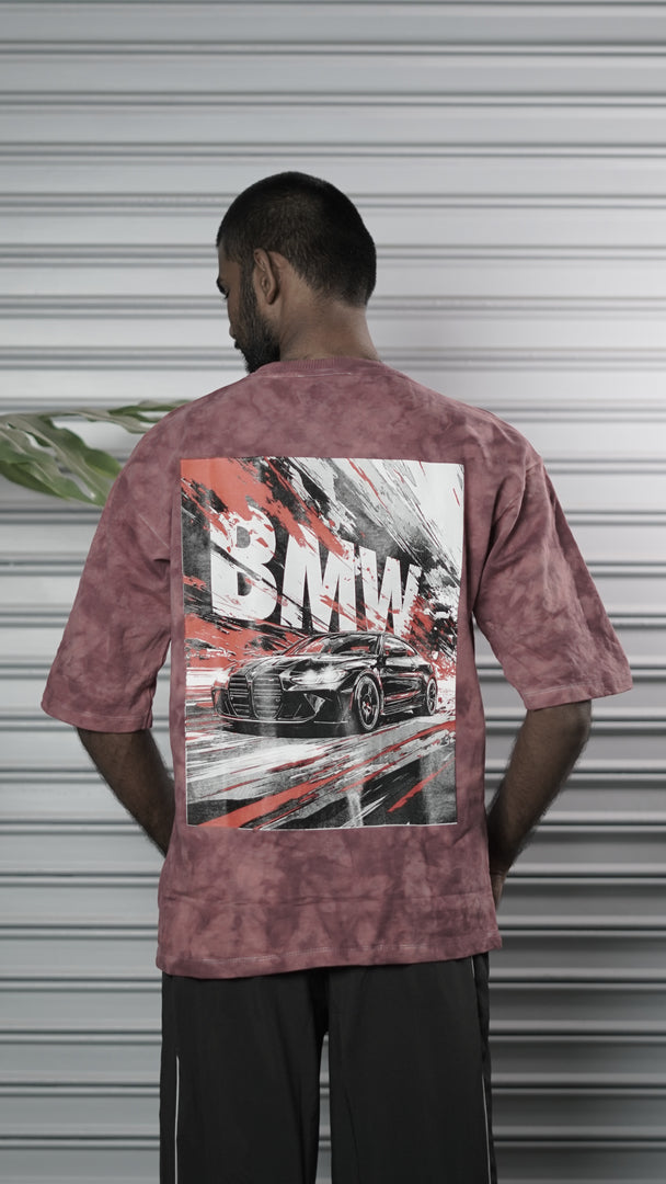 Men's Oversized Tie-Dye BMW Graphic T-Shirt - Maroon