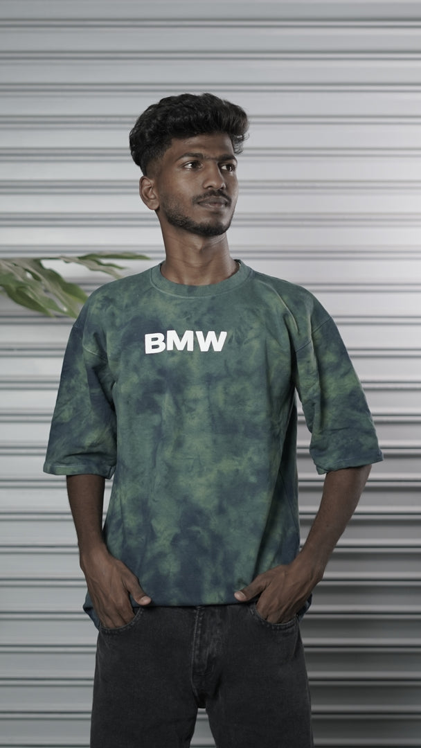 Men's Oversized Tie-Dye BMW Graphic T-Shirt - Teal Green