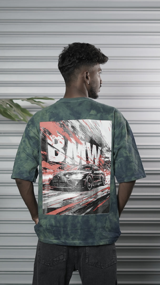 Men's Oversized Tie-Dye BMW Graphic T-Shirt - Teal Green