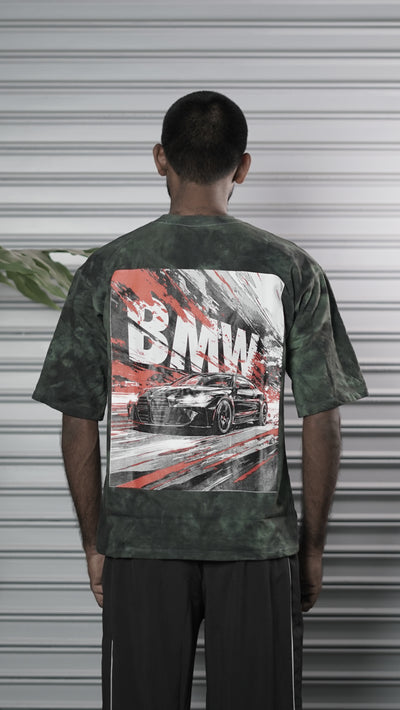Men's Oversized Tie-Dye BMW Graphic T-Shirt - Bottle Green