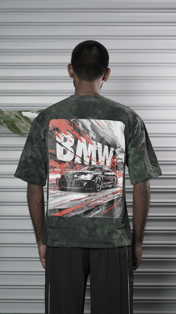 Men's Oversized Tie-Dye BMW Graphic T-Shirt - Bottle Green