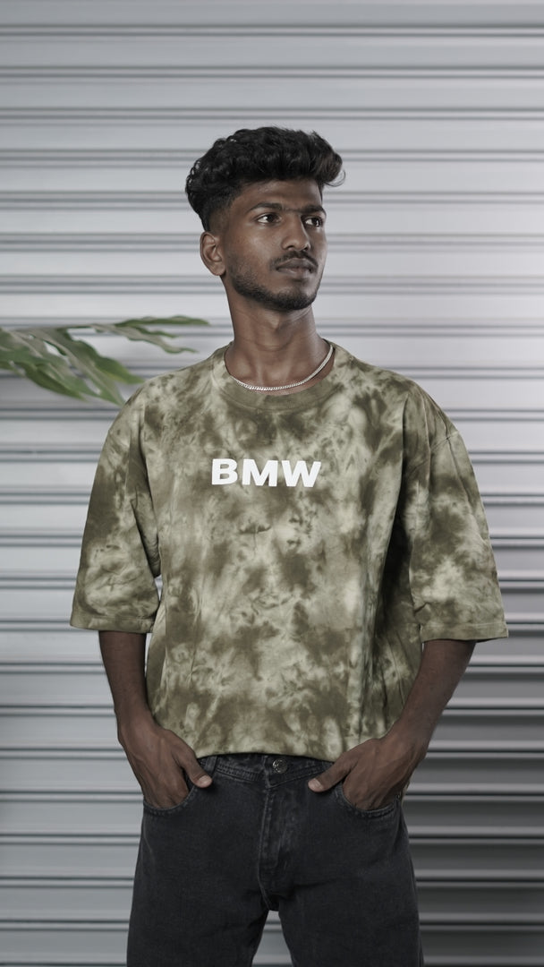 Men's Oversized Tie-Dye BMW Graphic T-Shirt - Olive Green