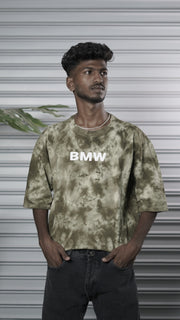 Men's Oversized Tie-Dye BMW Graphic T-Shirt - Olive Green