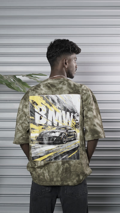 Men's Oversized Tie-Dye BMW Graphic T-Shirt - Olive Green