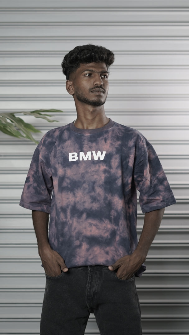 Men's Oversized Tie-Dye BMW Graphic T-Shirt - Grey