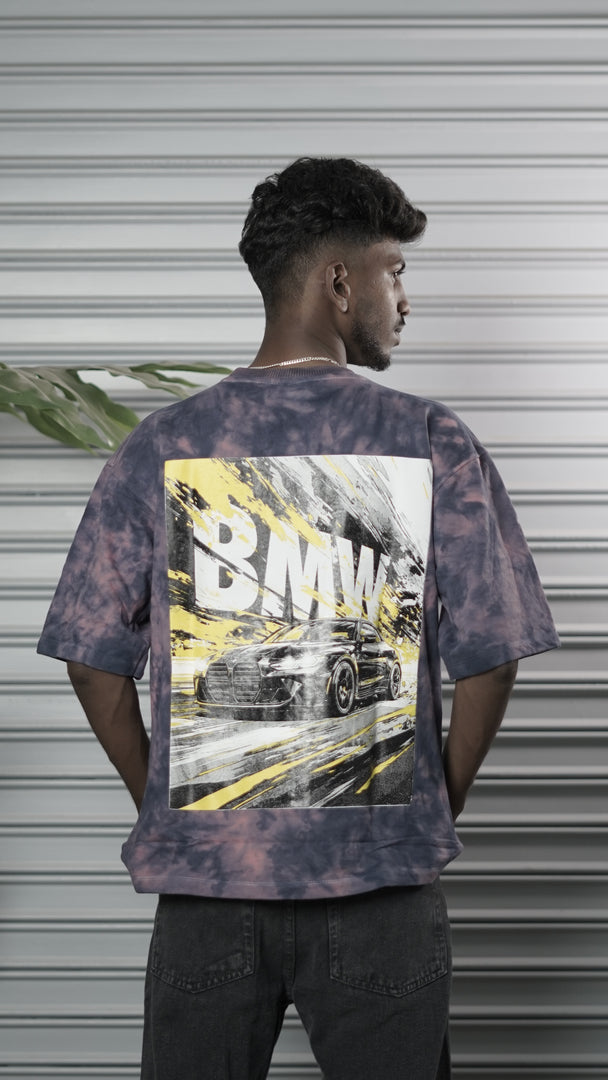 Men's Oversized Tie-Dye BMW Graphic T-Shirt - Grey