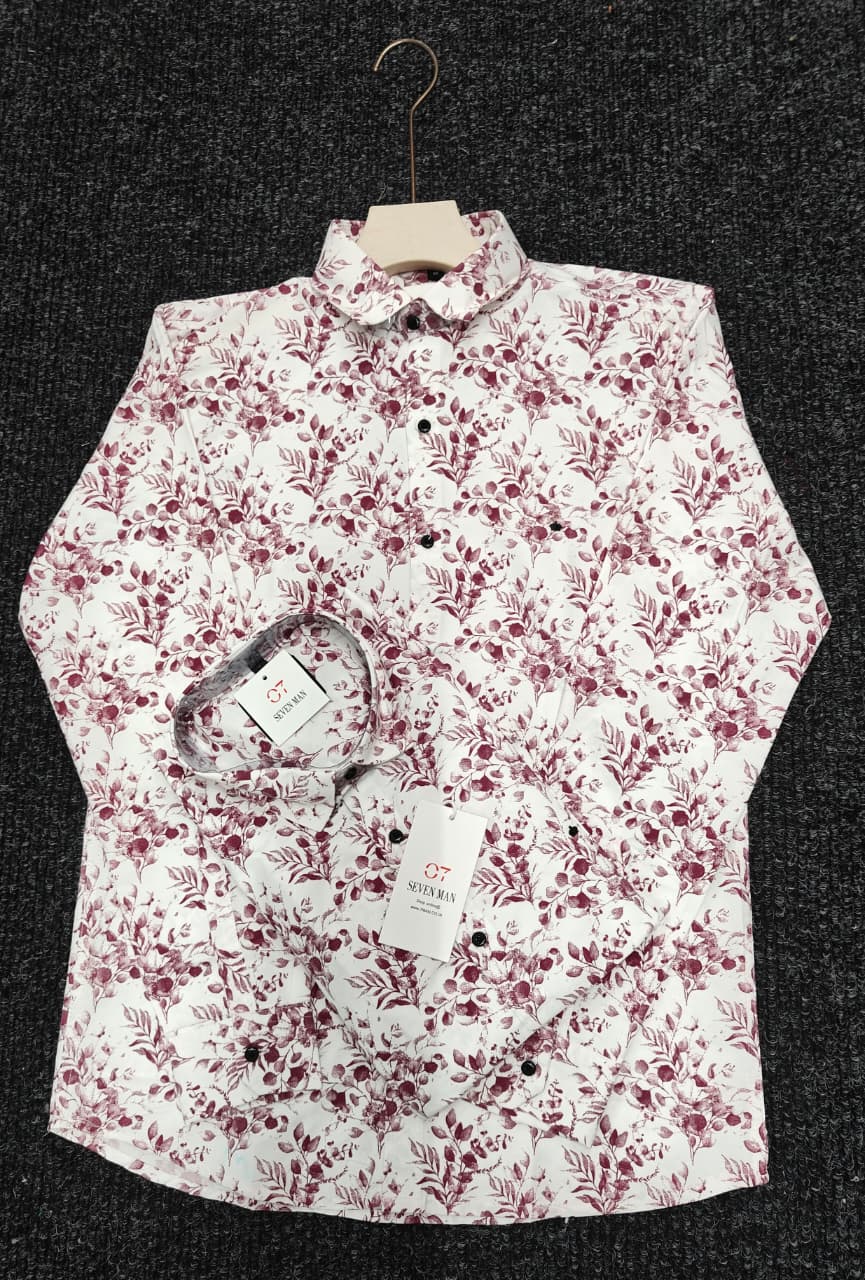 Big Printed  Flower Full Sleeve Shirt for Men Comfortable & Breathable -  White With Dark Pink