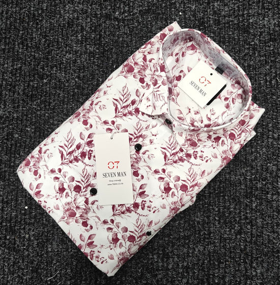 Big Printed  Flower Full Sleeve Shirt for Men Comfortable & Breathable -  White With Dark Pink