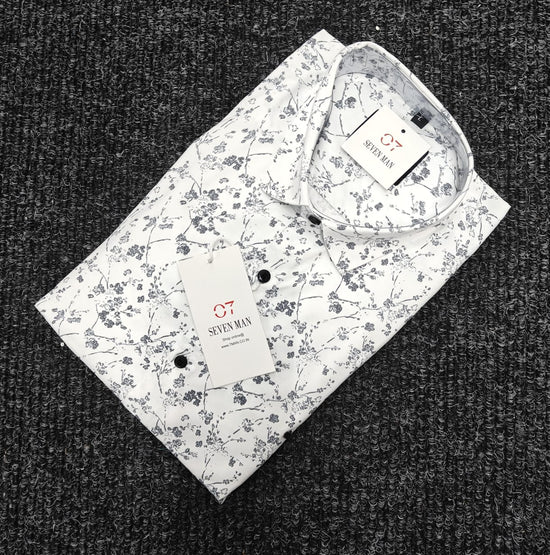 Small Printed  Flower Full Sleeve Shirt for Men Comfortable & Breathable -  White With Dark Grey