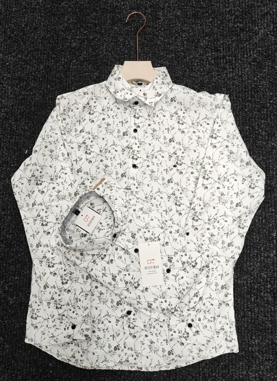 Small Printed  Flower Full Sleeve Shirt for Men Comfortable & Breathable -  White With Mehandhi Green