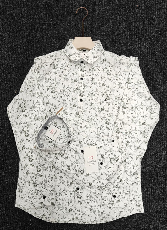 Small Printed  Flower Full Sleeve Shirt for Men Comfortable & Breathable -  White With Mehandhi Green