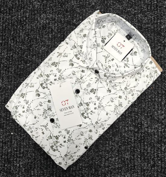 Small Printed  Flower Full Sleeve Shirt for Men Comfortable & Breathable -  White With Mehandhi Green
