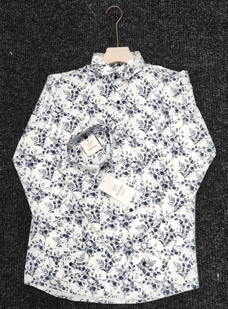 Big Printed  Flower Full Sleeve Shirt for Men Comfortable & Breathable -  White With Navy Blue
