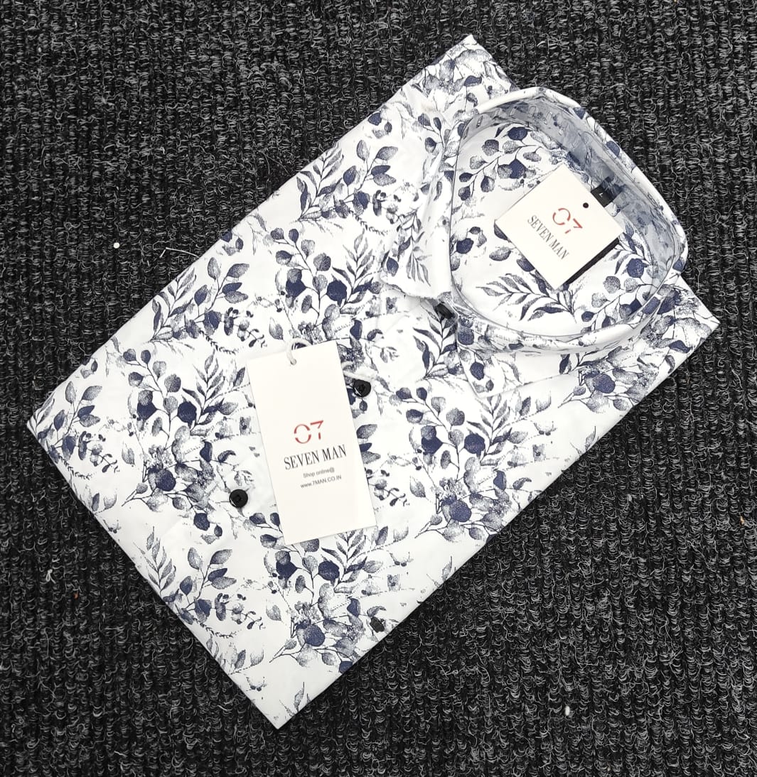 Big Printed  Flower Full Sleeve Shirt for Men Comfortable & Breathable -  White With Navy Blue