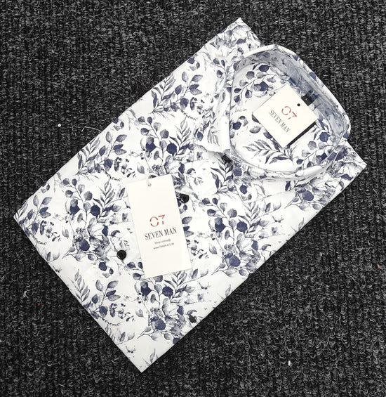 Big Printed  Flower Full Sleeve Shirt for Men Comfortable & Breathable -  White With Navy Blue