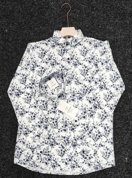 Big Printed  Flower Full Sleeve Shirt for Men Comfortable & Breathable -  White With Navy Blue
