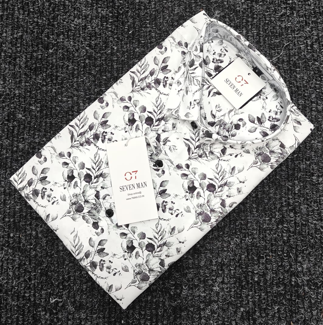 Big Printed  Flower Full Sleeve Shirt for Men Comfortable & Breathable -  White With Black