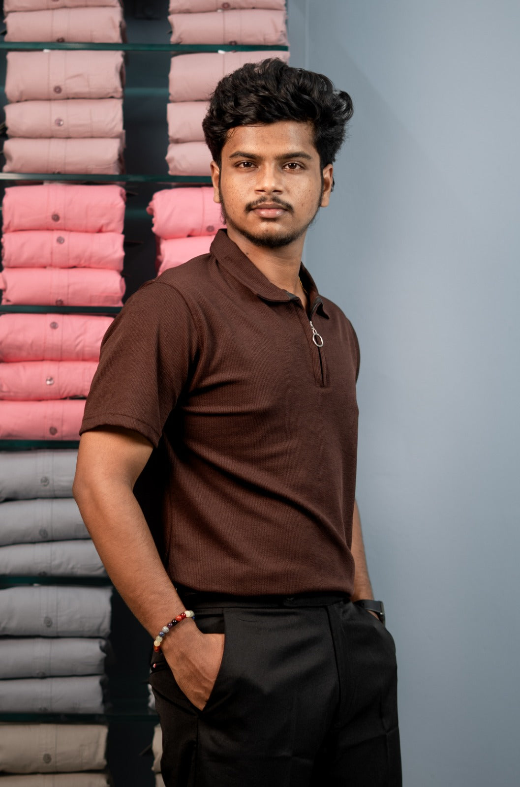 Korean Style Men's Short Sleeve MARIO RIB T-Shirt with Zipper Collar Chocolate Brown