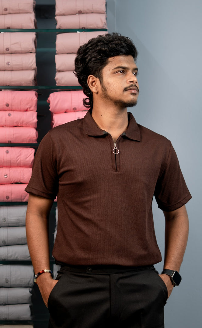 Korean Style Men's Short Sleeve MARIO RIB T-Shirt with Zipper Collar - Chocolate Brown-T-Shirt-7 Man