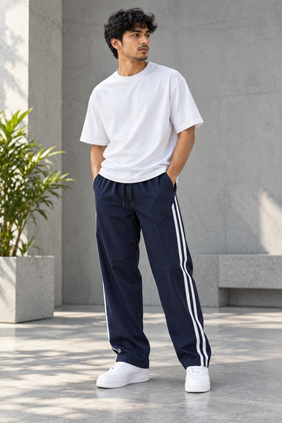 Men’s Joggers – Stylish Two Stripe Track Pants Streetwear - Navy Blue