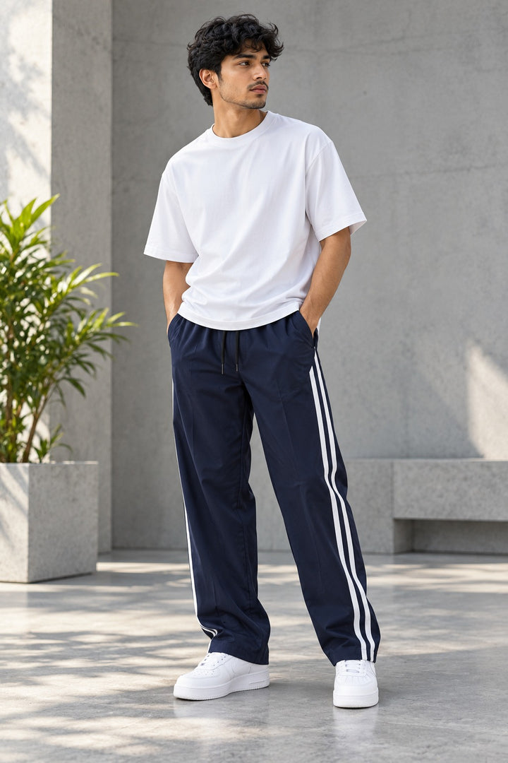 Men’s Joggers – Stylish Two Stripe Track Pants Streetwear - Navy Blue