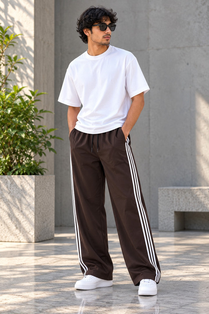 Men's Streetwear Triple Stripe Baggy Track Pants TWO SIDE ZIP  - Coffee Brown