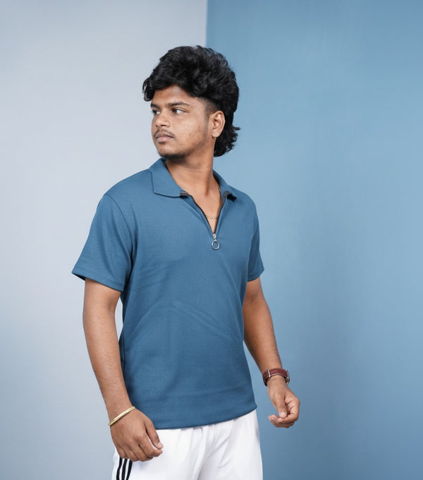 Mario Rib Korean Zipper T-Shirt for Men | Half Sleeve Polo Zip Neck - Sky Blue